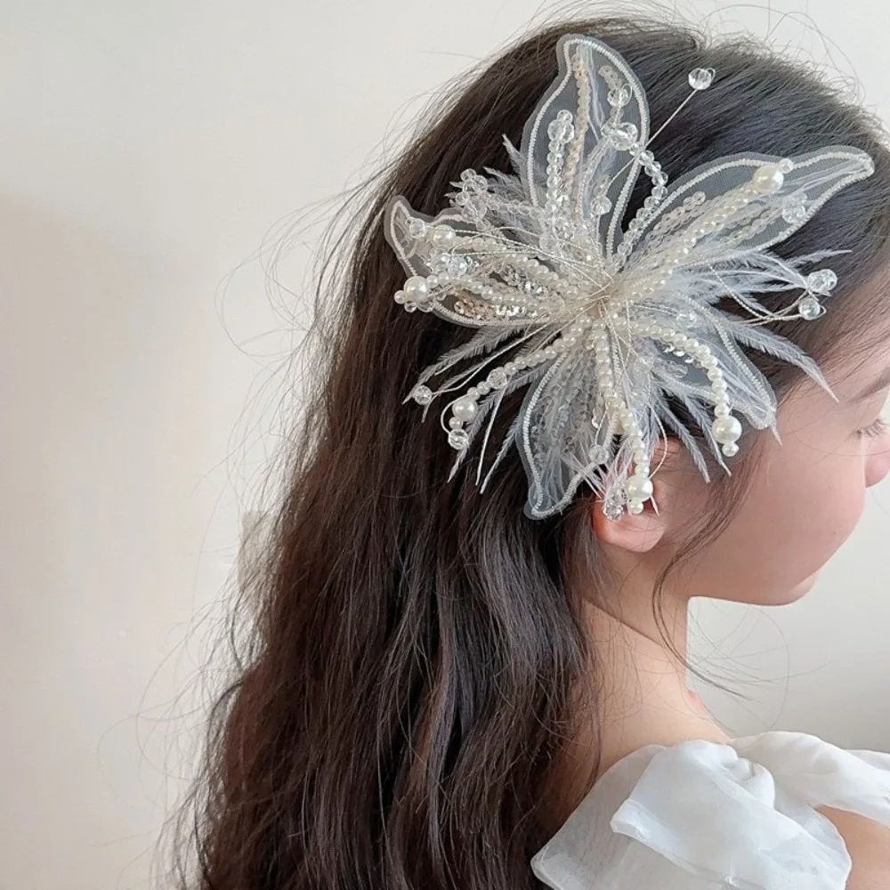 

Vintage Sequin Lace Feather Hair Clip Mesh Beads Flower Hairpin Edge Clip Floral Bridal Wedding Headwear Party Hair Accessories