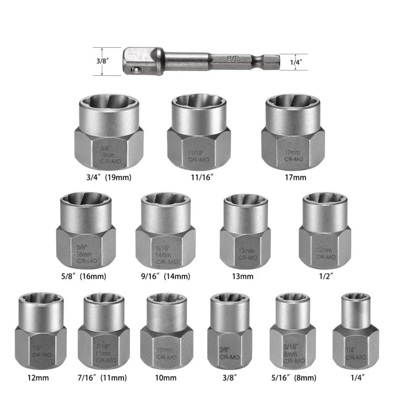 14pcs Nut Extractor Tool 3/8 Socket Set Rusted Screws Loose Teeth Anti-theft Screws Damaged Nuts Hardware Hand Tools Sockets