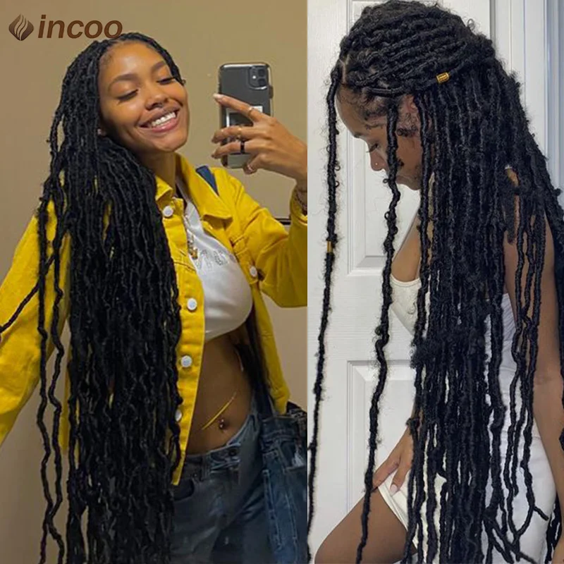 Perruque Synthétique Super Longue 40 en Faux Locs Papillon, Tressée, Full Lace Front, Box Braids, Twists, Dreadlocks, pour Femme Noire