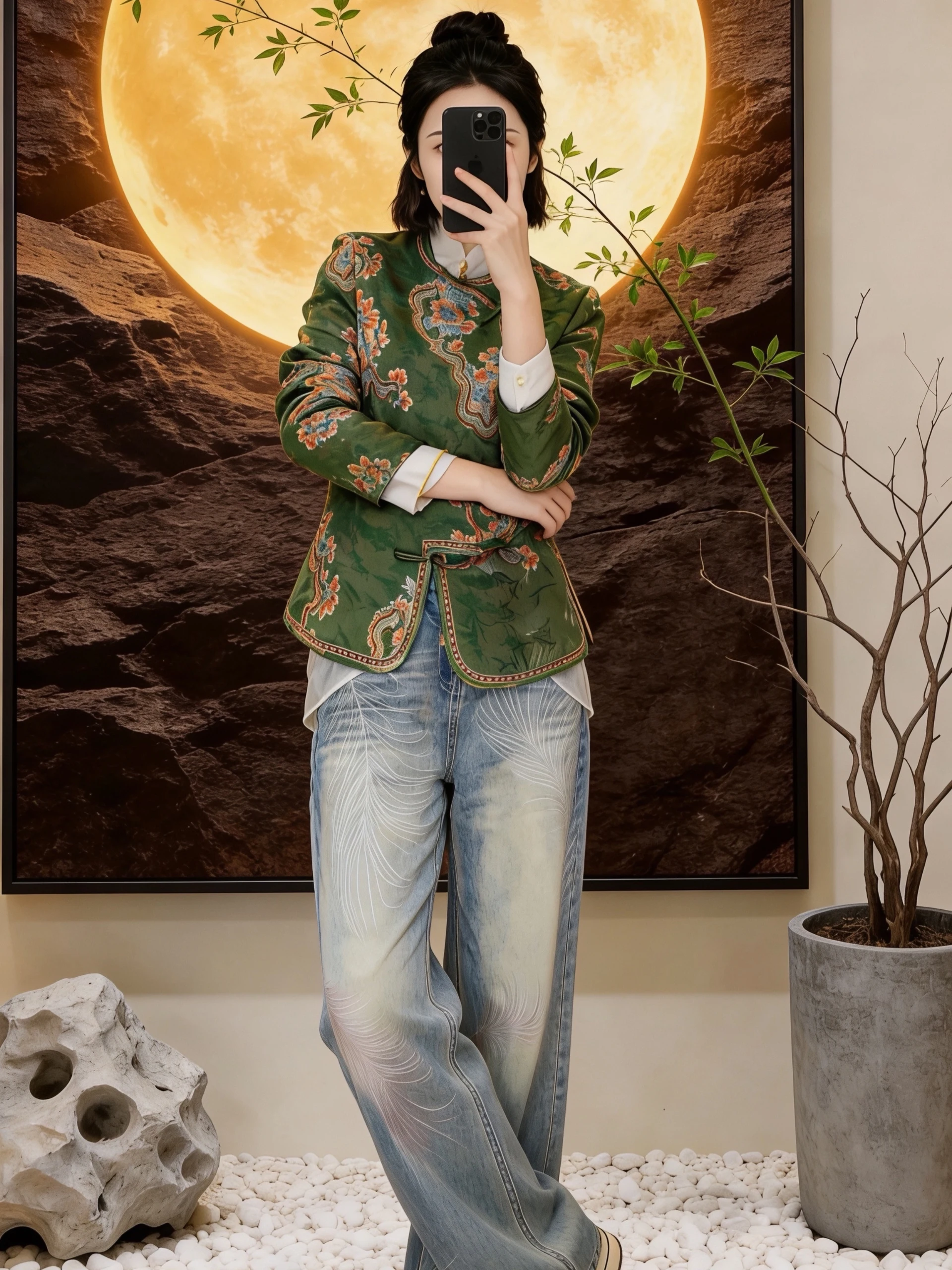 

New Chinese Style Green Shirt Women's Spring Autumn Commute Versatile Button up Blouse Straight Cut Long Sleeve round Neck