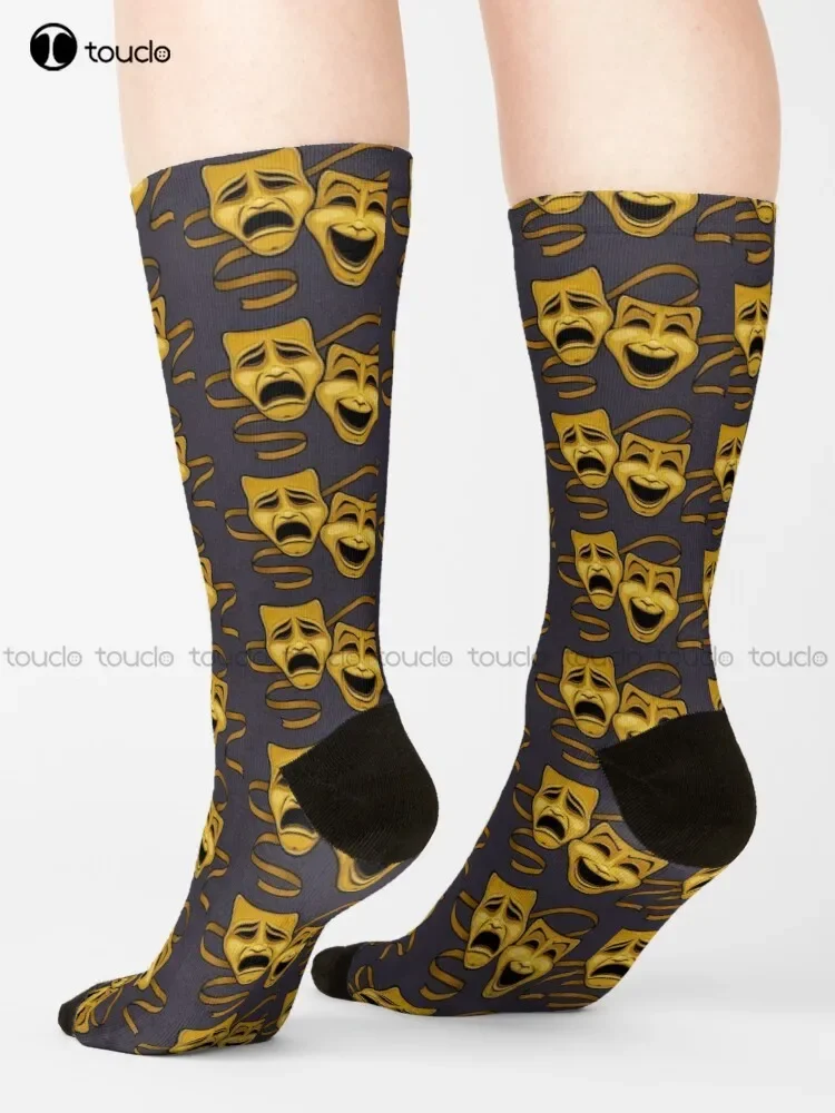 Gold Comedy And Tragedy Theater Masks Socks Mens Athletic Socks Cartoon Street Skateboard Socks Unisex Adult Teen Youth Socks