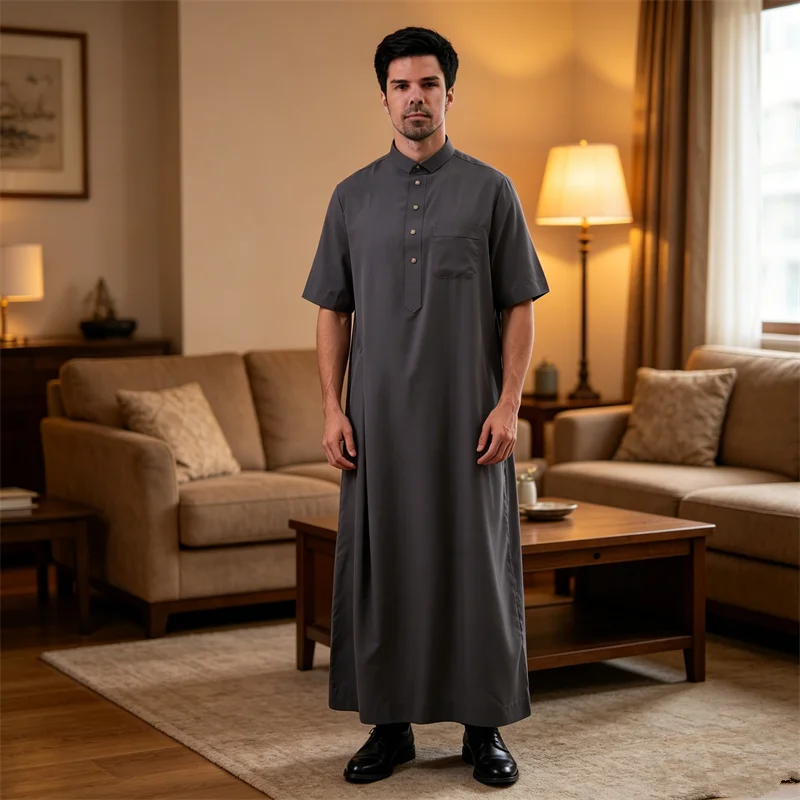 

Saudi Jubba Thobe for Arabic Men Robe Muslim Dress Short Sleeve Thoub Daffah Dishdasha Islam Traditional Clothing Kaftan Abaya