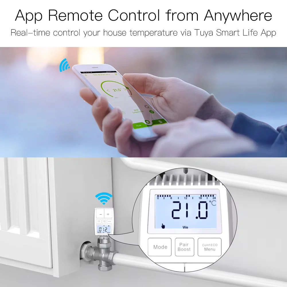 MOES Tuya ZigBee Radiator TRV Smart Thermostat Valve Temp Controller With Internal Sensor Battery Powered Voice Control Alexa
