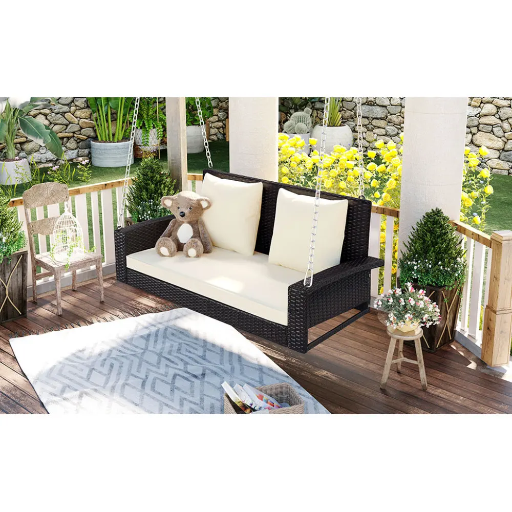 الذهاب 2-شخص الخوص معلقة الشرفة سوينغ سلاسل وسادة وسادة الروطان سوينغ مقعد حديقة الفناء الخلفي بركة (وسادة الخوص البني البيج) #5