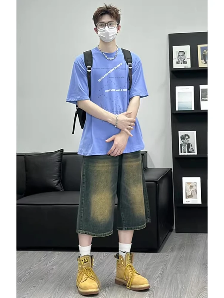 

Retro Washed Blue Denim Shorts Men's Summer Straight Loose American Style 6-Piece Pants Thin 7-Piece Jeans Shorts