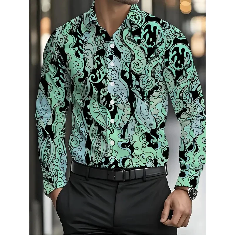 

Luxury Men's Long Sleeve Shirt Flap Collar 3D Striped Print Button Casual Suit Print New Fashion Long Sleeve Shirt
