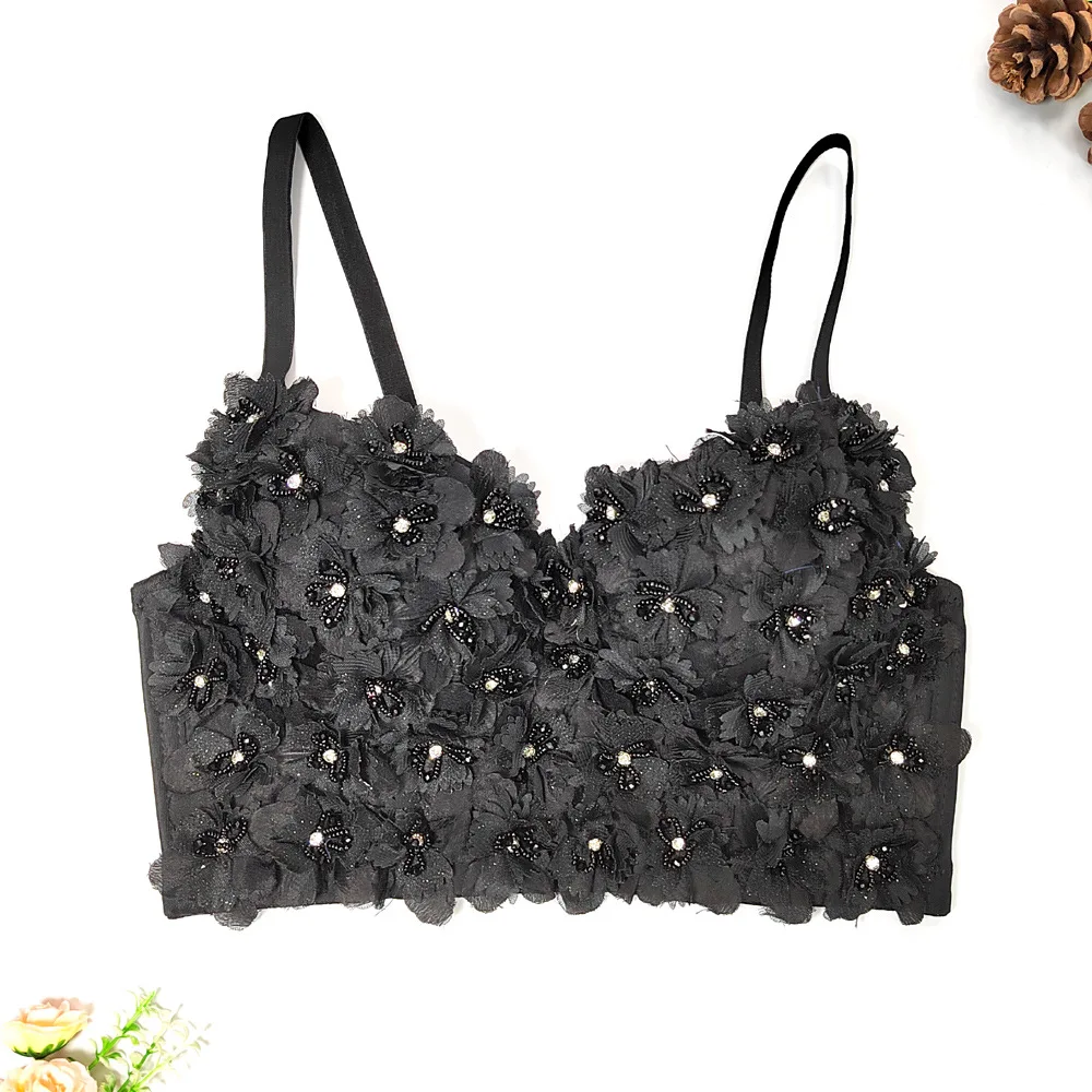 

New Fashion 3D Floral Beaded Camisole Elegant Women Sexy Sleeveless Bandeau Backless Bodice Short Bustier Corset Crops Tops J564