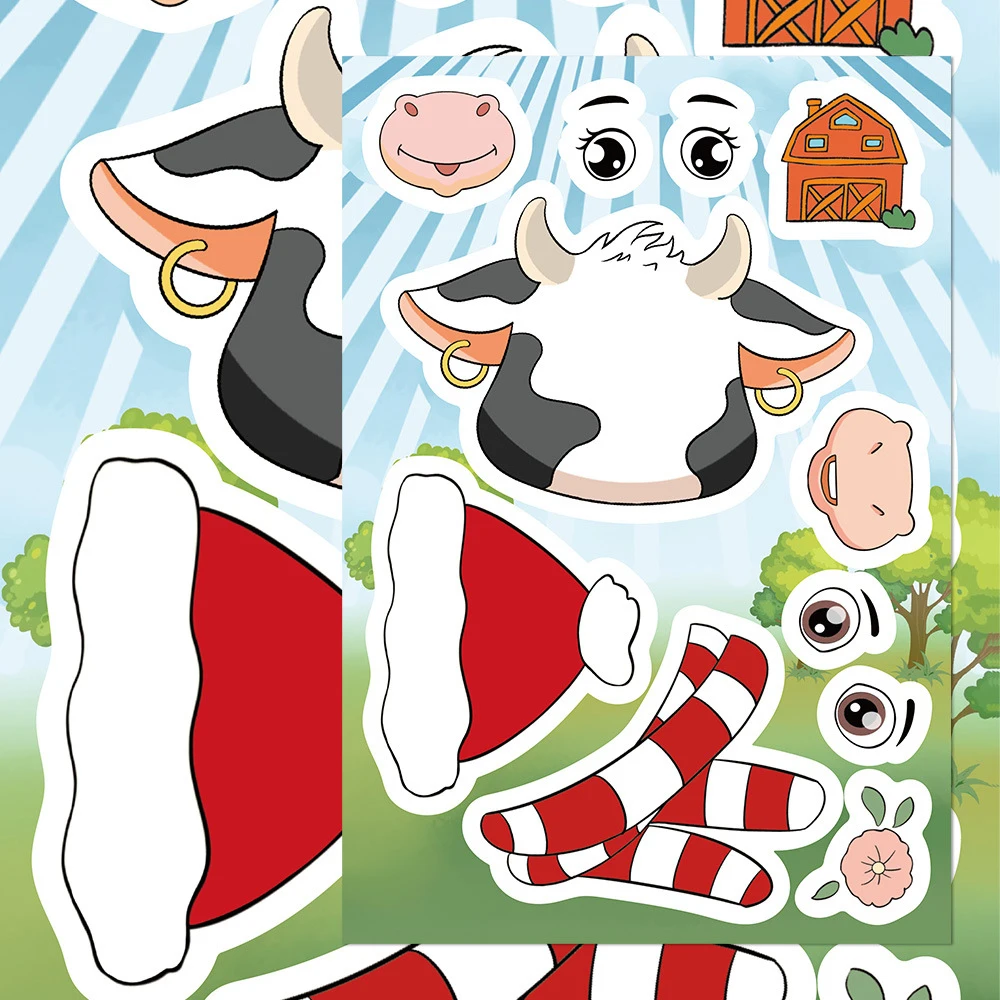 

8/16sheets Kawaii Cartoon Little Cow Puzzle Stickers Cute Animal Make A Face Assemble Jigsaw Children DIY Educational Decals Toy