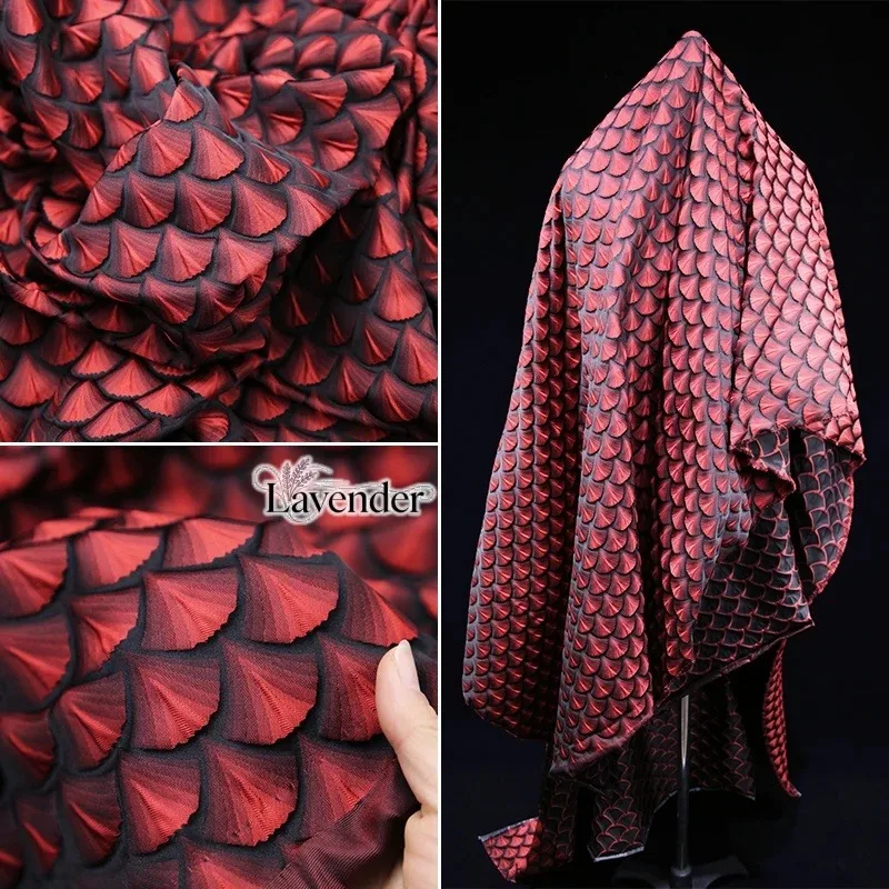 أسود أحمر ثلاثي الأبعاد الإغاثة الأحمر مقياس المنسوجة الديباج على شكل مروحة الجاكار المقرمش الملابس أقمشة اللباس الرسمي للخياطة #1