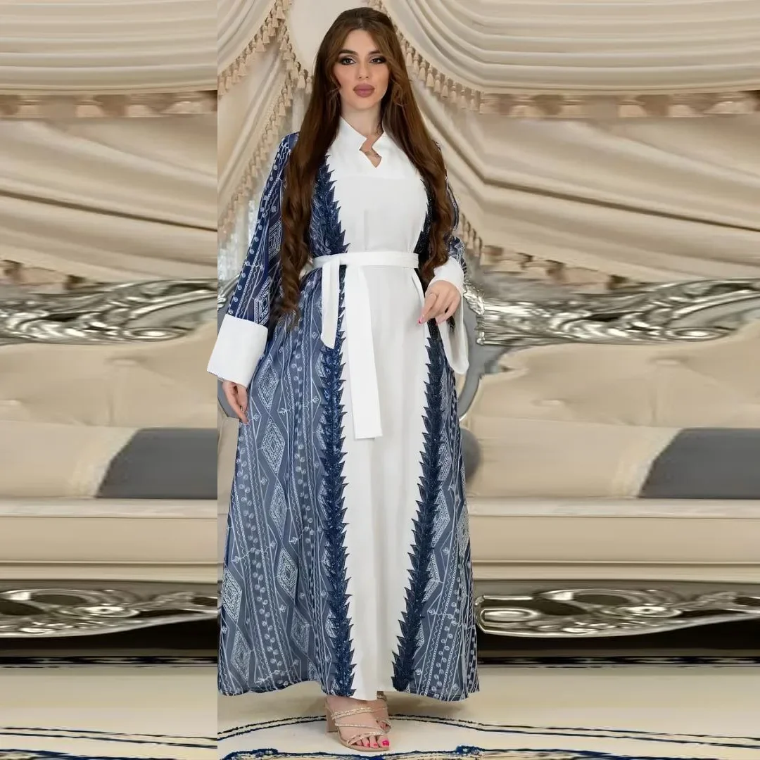 Embroidery Sequins Beads Dress Gown with Belt Muslim Women Mesh Yarn Splicing Color Abaya Eid Jalabiya Kaftan V-neck Long Robe