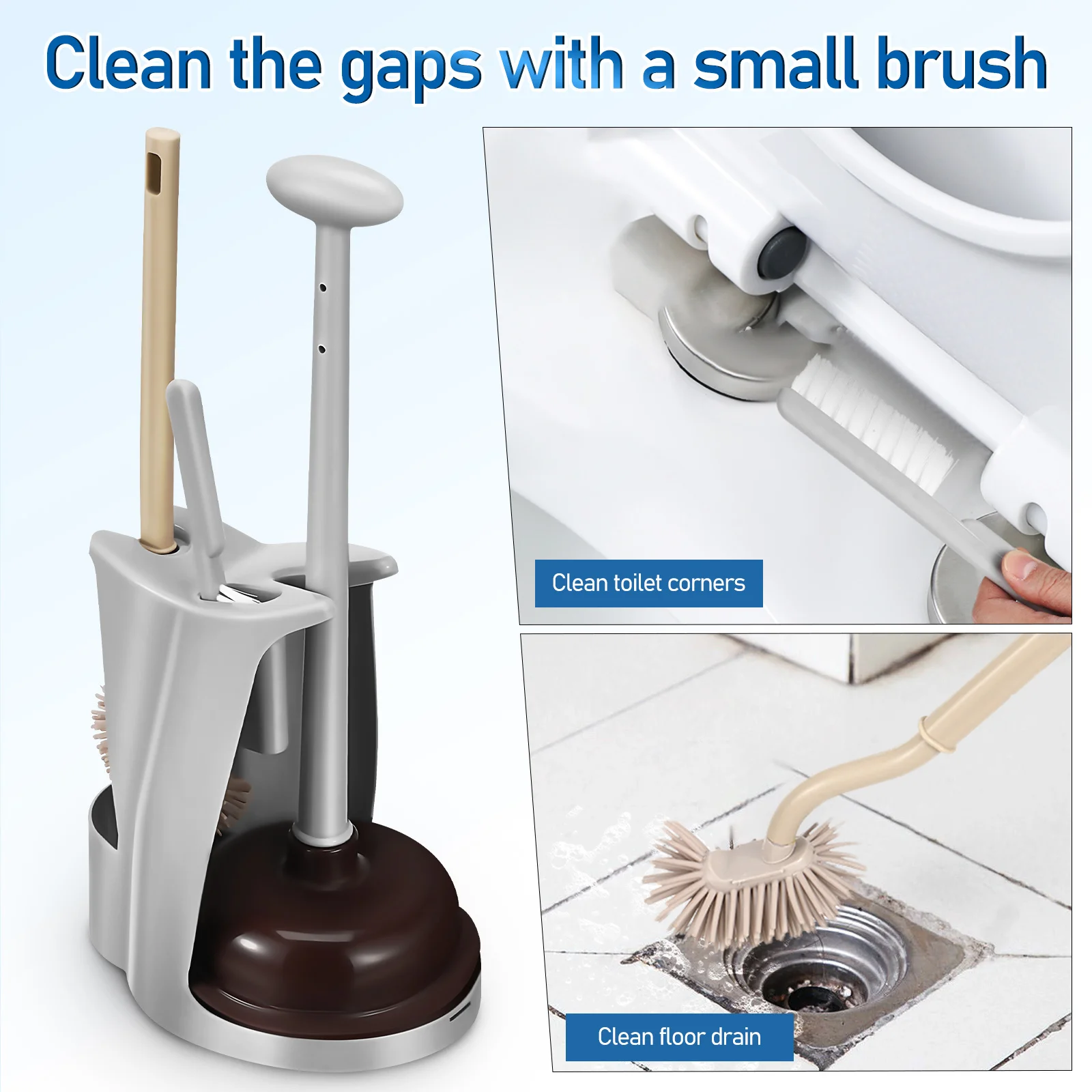 

1 Set Toilet Brush Plunger Holder Bathroom Cleaning Tools Stainless Steel Toilet Bowl Cleaner Deep Clean Arched Head Non-Slip