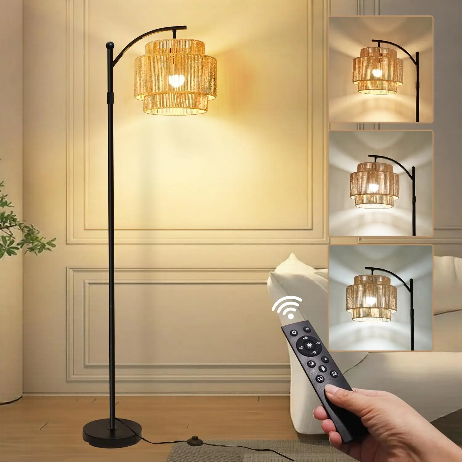 

Adjustable Height Rattan Floor Lamp, 3-Temperature Dimmable Boho Standing Lamp with Remote & Foot Switch, Rotating Shade for Liv