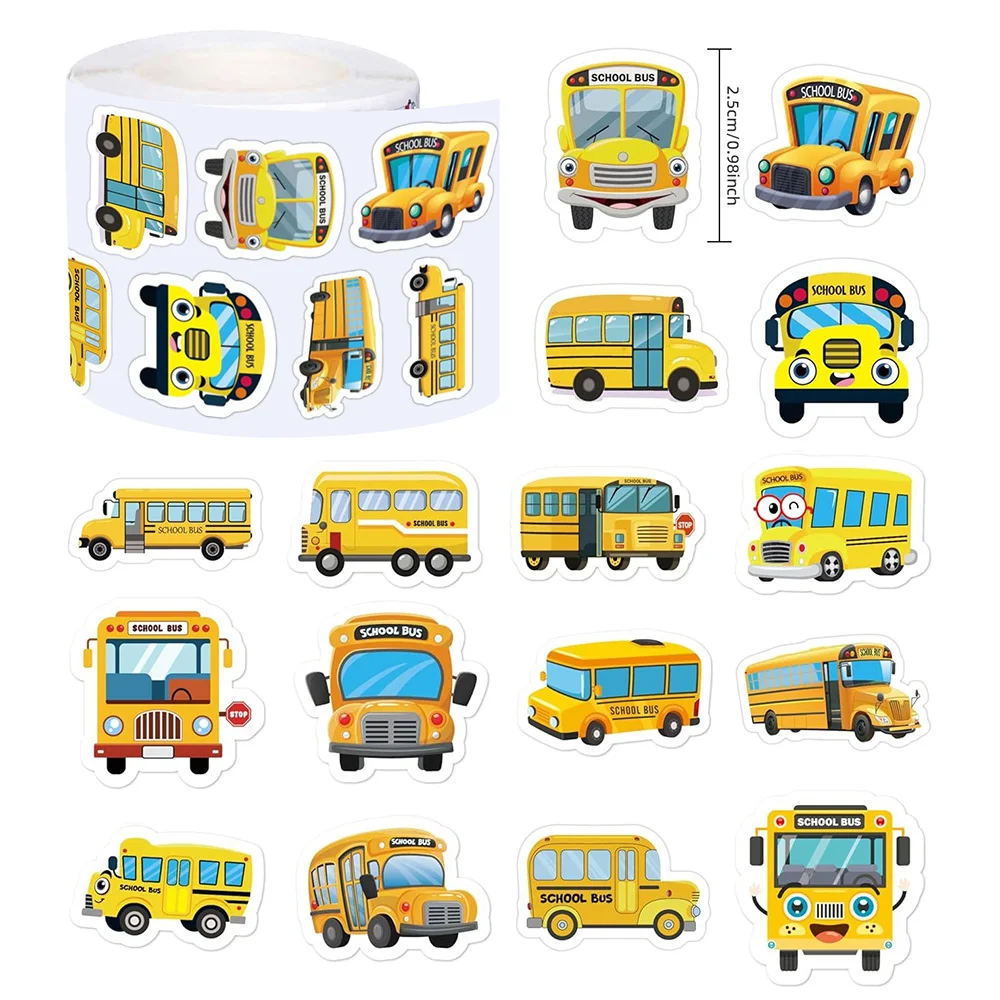  School Bus Roll Stickers 500Pcs 16 Patterns School Bus Stickers School Waterproof Vinyl Cartoon Transportation Decals for Lapt