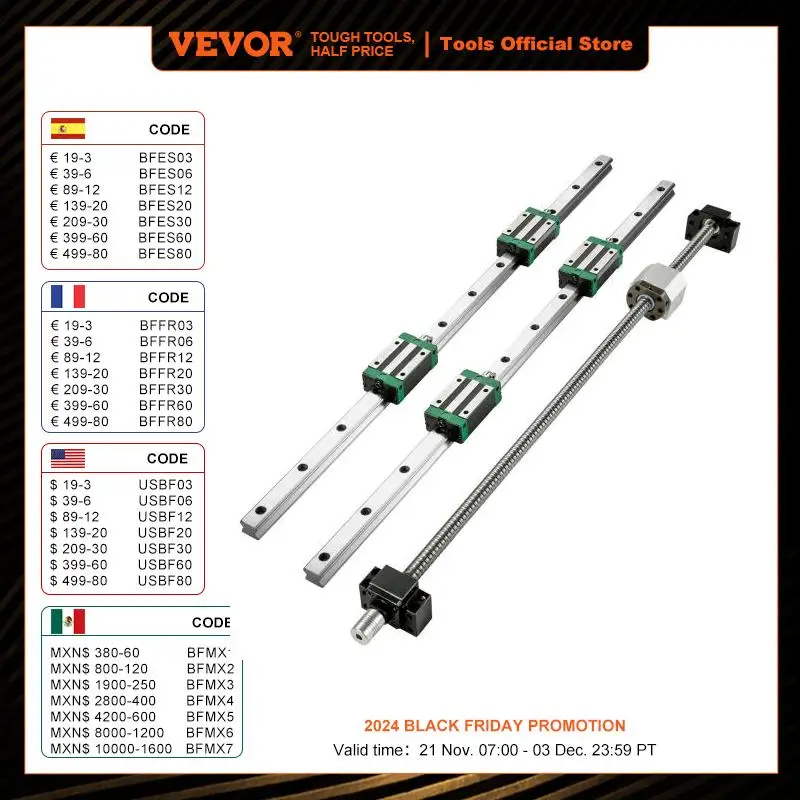 VEVOR HGR20 2PCS Linear Guide Rails 700-2000MM 4PCS Slide Blocks RM1605 Ballscrew W/ Ball Nut BF12/BK12 Nut for CNC DIY Routers