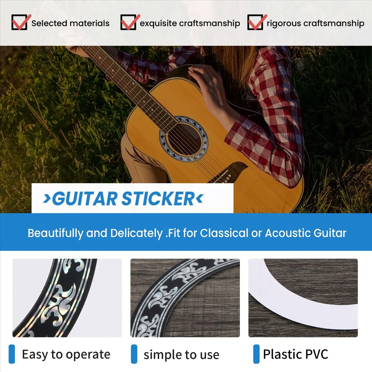 Attractive- Sound hole Rose Decal Sticker for Acoustic Classical Guitar Parts Black+Silver