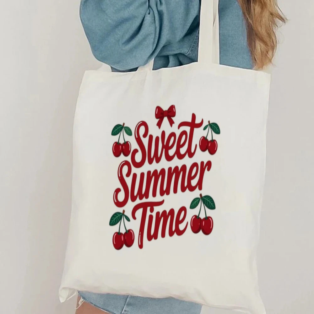 

Charming Stay Sweet Cherry Design Canvas Tote Bag, Reusable Shoulder Bag with Floral Details for Coquette Style & Everyday Use