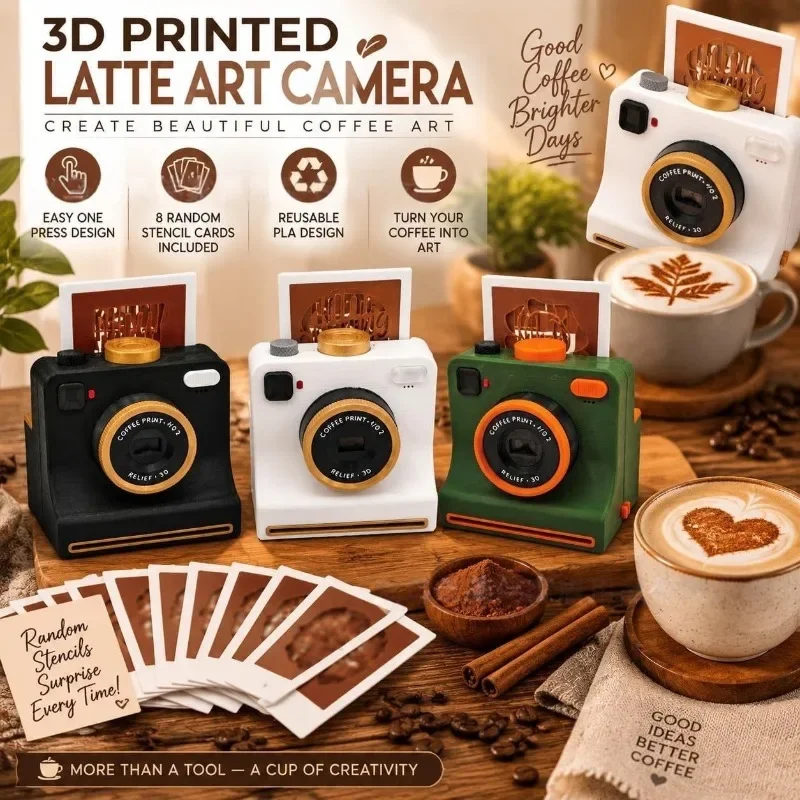 3D Printed Vintage Camera Shape Coffee Stencil with 12 Cards – Reusable Latte Art Template Cappuccino DIY Baking Decor Tool Gift
