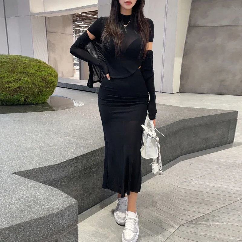 

Удобная облегающая футболка ort Sve, открытый кардиган, юбка с юбкой Fi Tail, комплект из футболки, женский сексуальный прозрачный высокий воротник