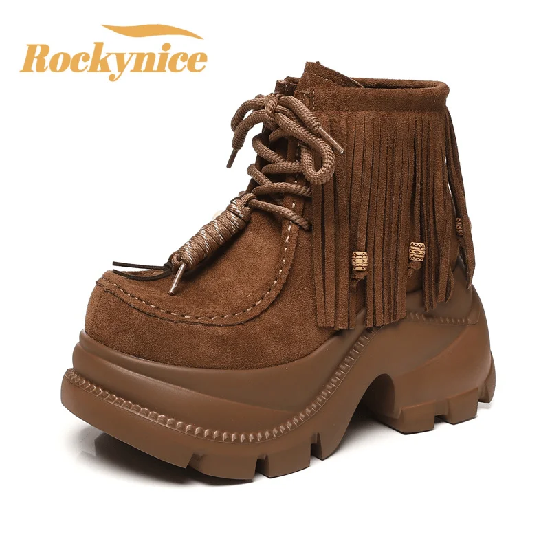 Women Tassel Ankle Boots Comfortable Suede Leather Booties 9CM High Platform Walking Shoes Sneakers Warm Fur Winter Snow Boots
