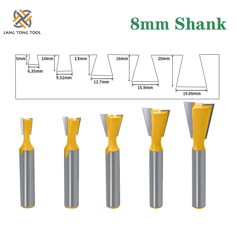 LANG TONG TOOL 5PCS 8mm Shank Dovetail Joint Router Bits Set 14 Degree Woodworking Engraving Bit Milling Cutter for Wood LT002