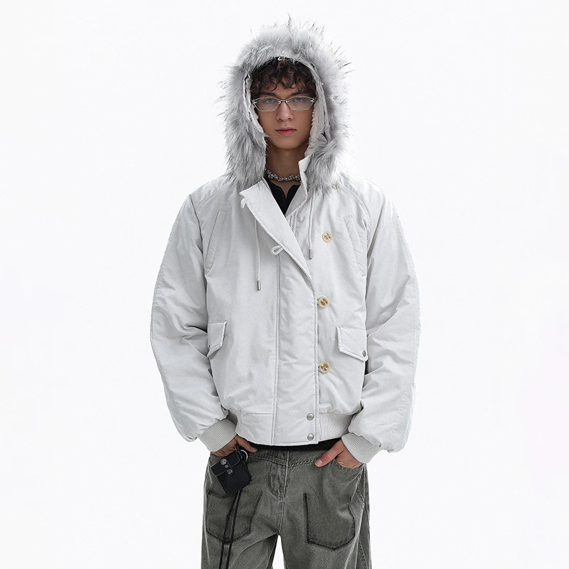 LUZHEN Faux 2026 Winter New Solid Placket Color Cross Fur Patchwork Hooded Padded Coat Men Fashion Handsome Parka Jacket JY9134