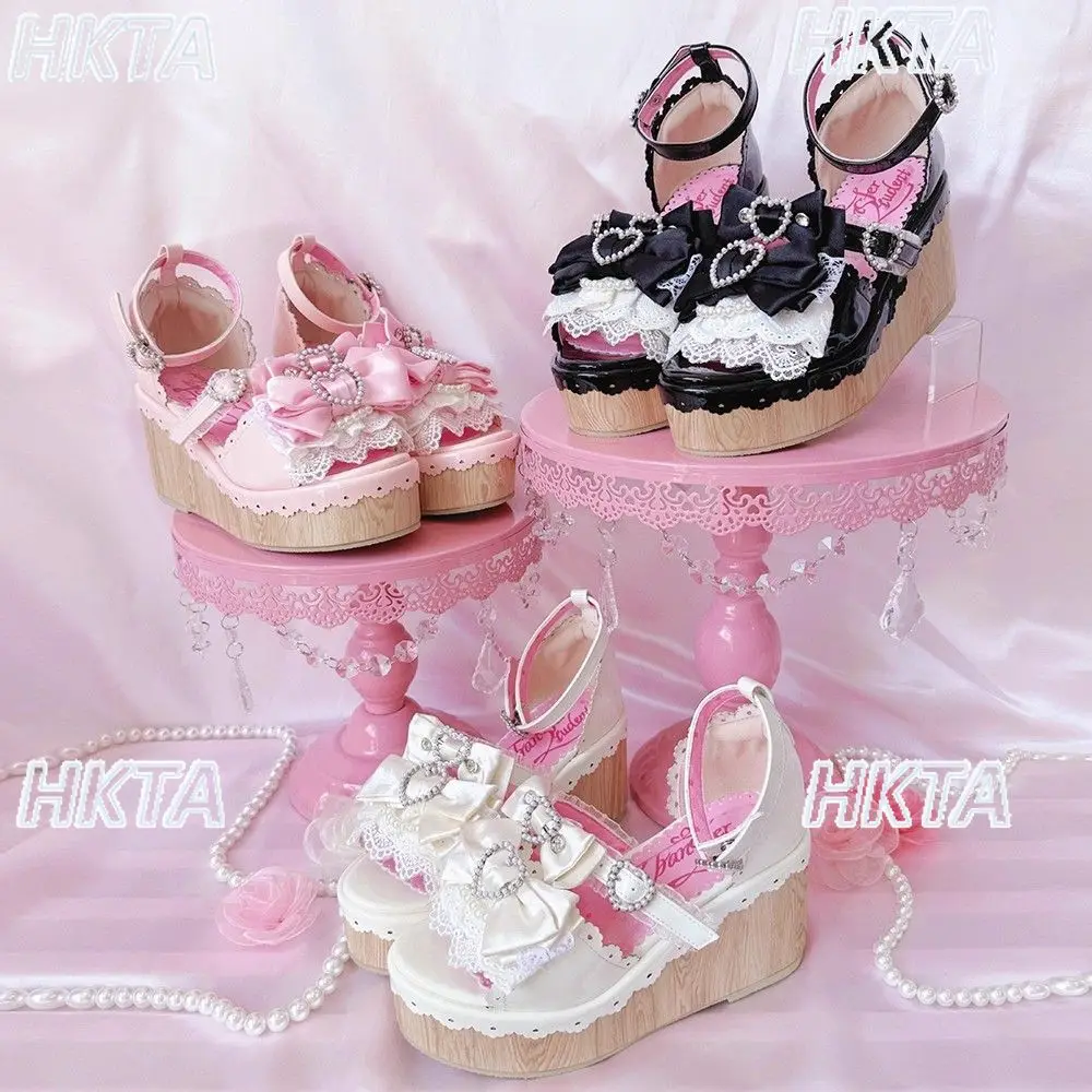 Japanese Mass Produced 2026 Summer New Ancient Sweet Lace Bow Rhinestone Leak Finger Wedge Platforms Shoes Lolita Sandals Women