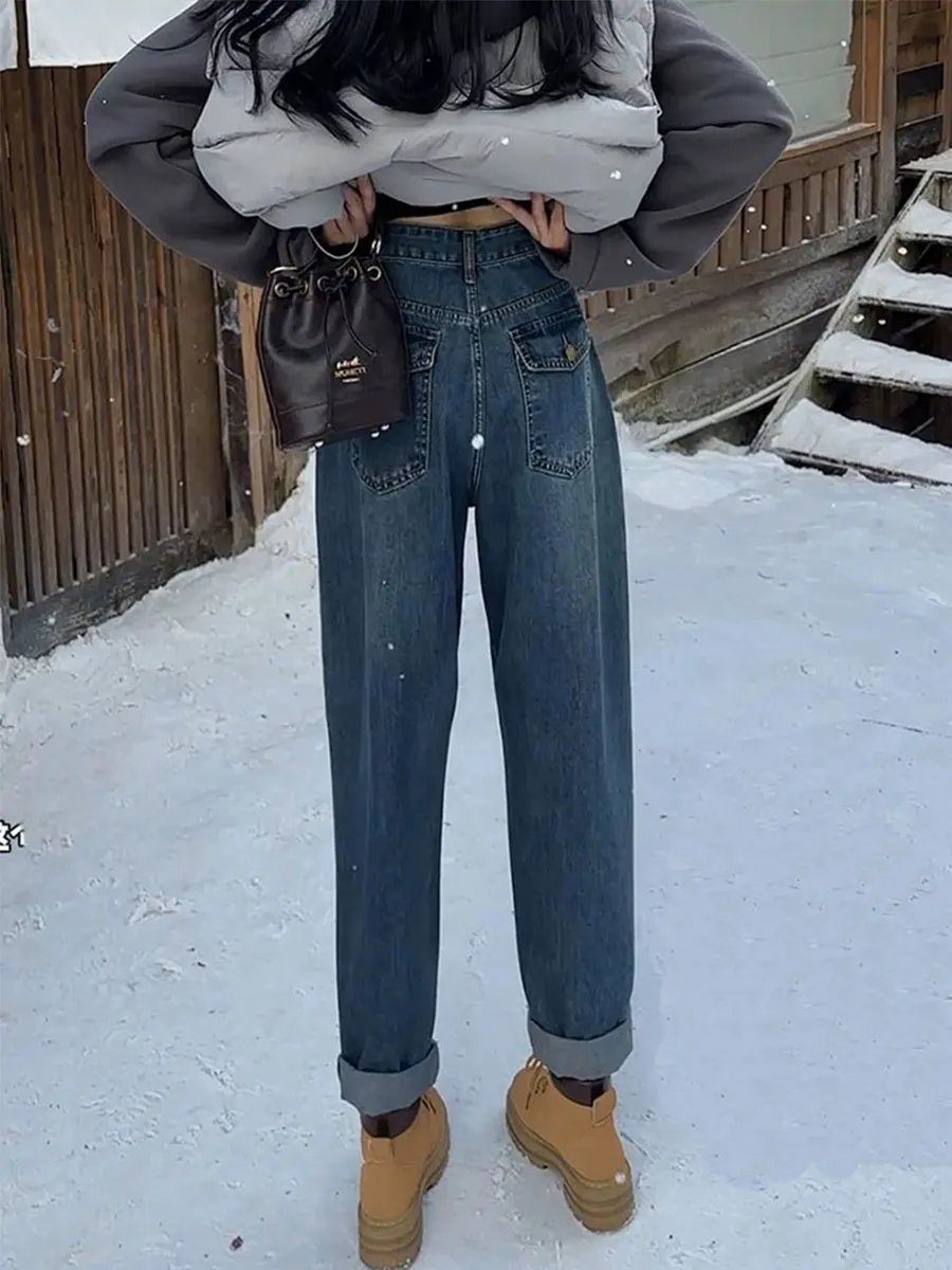 

Большие размеры, свободные синие женские джинсы с высокой талией в стиле Харадзюку, прямые брюки для папы, повседневные джинсовые брюки с талией, весна-осень