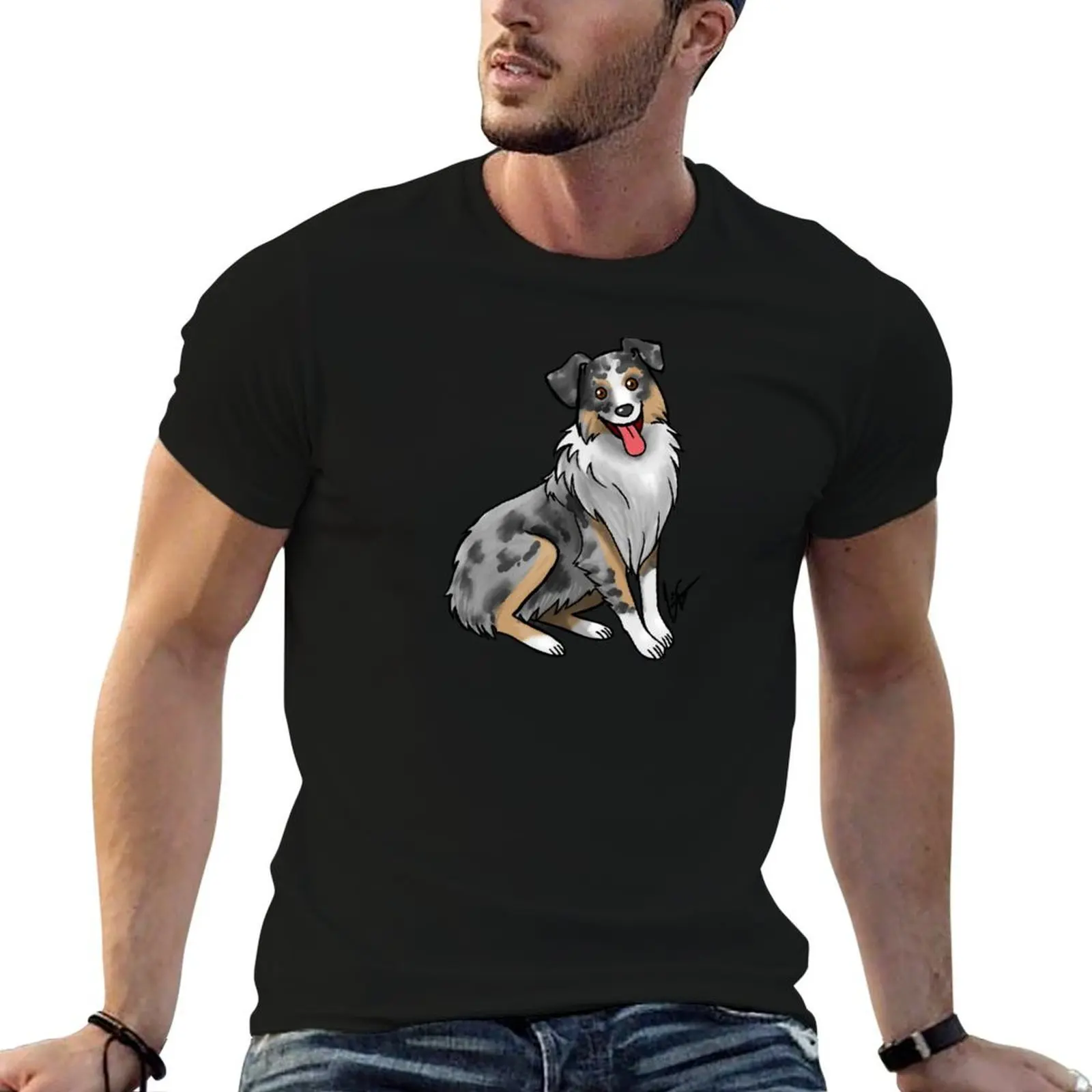 Camiseta masculina com estampa de cão - Australian Shepherd - Blue Merle, camiseta masculina gráfica, camiseta de algodão, camiseta 100% algodão