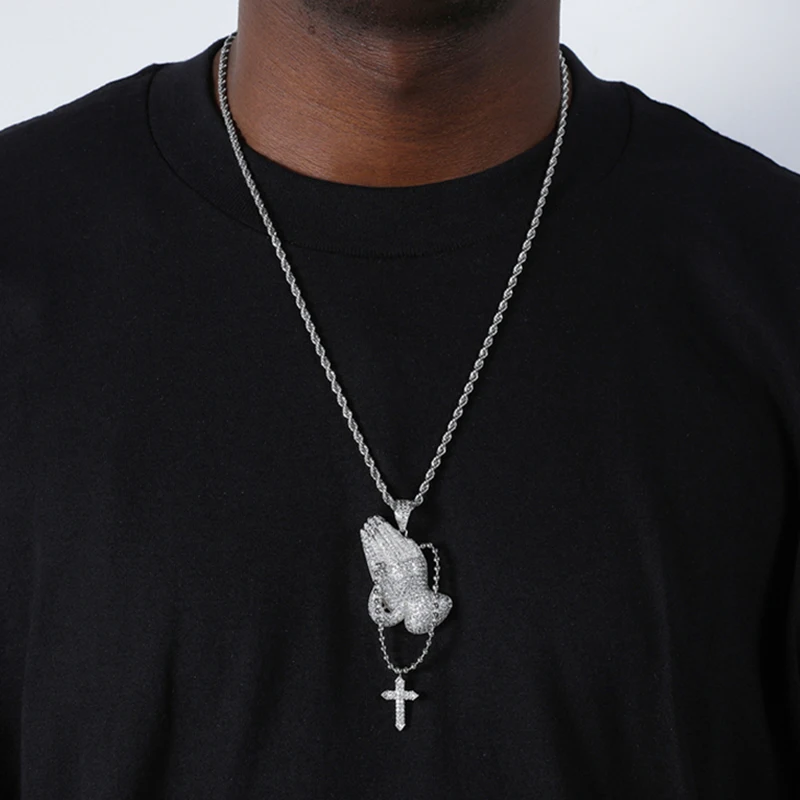 

Iced Out Pray Hands Cross Pendant Necklace Men Chain Micro Pave Zircon Hip Hop Rock Rapper Jewelry Gift