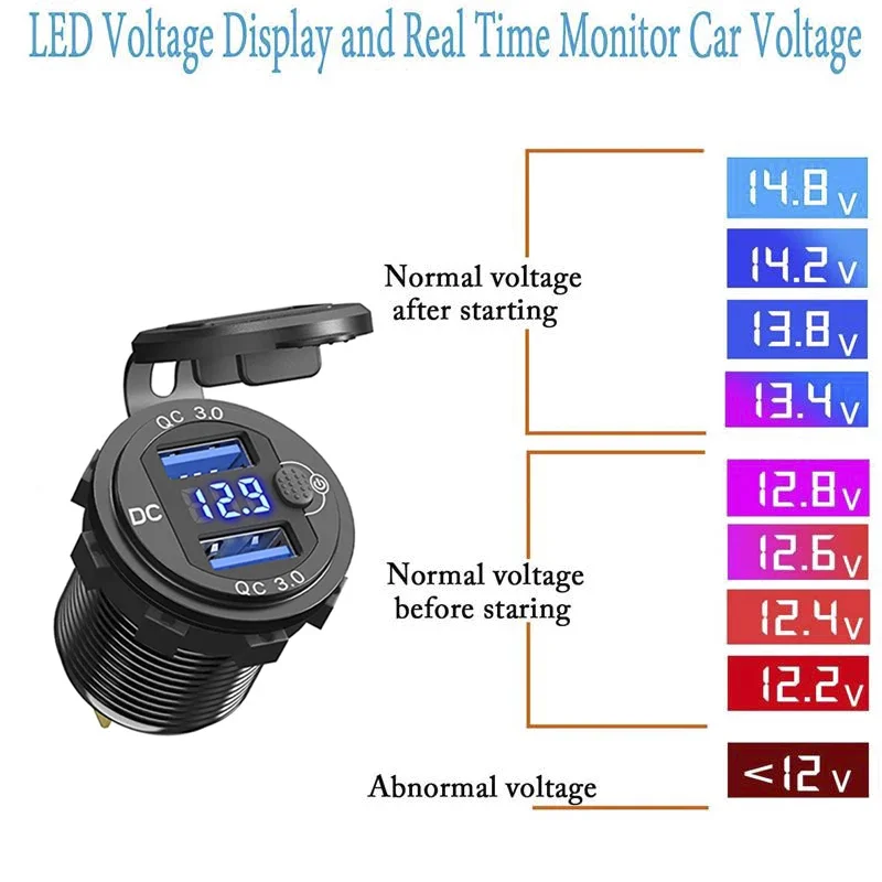 12/24V Aluminium Metal 36W QC3.0 Dual USB Car Motor Charger Socket Waterproof  With Voltmeter Switch Fast Quick Charge Adapter