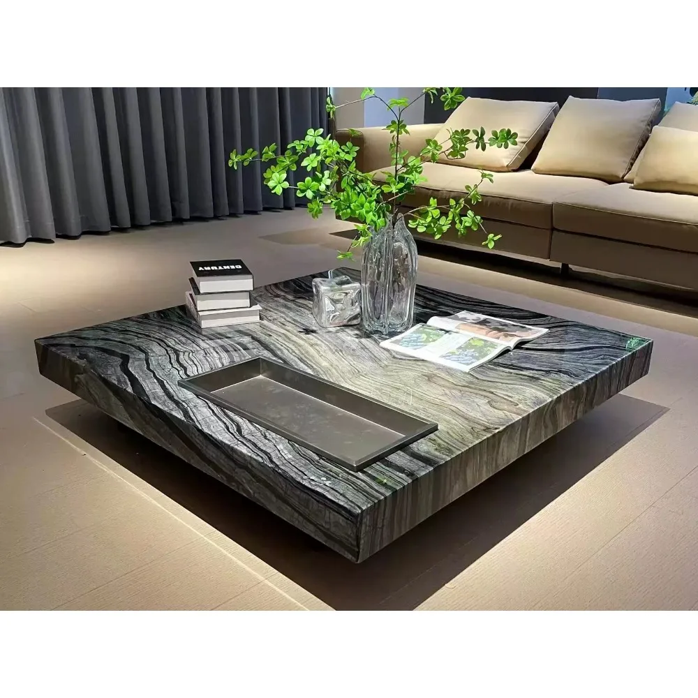 

Italian minimalist stainless steel square natural stone coffee table, modern minimalist creative designer marble coffee table