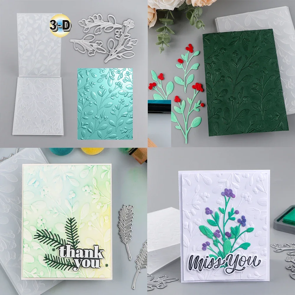 Flower Foliage With Berry 3D Embossing Folder Doodle Background For Adding Textured Detail to Paper Crafting Project Making Ne