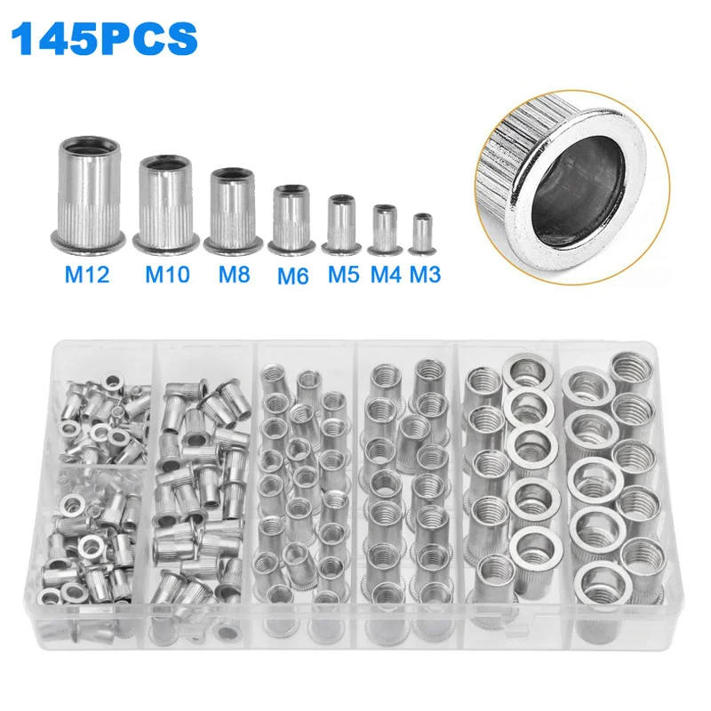 

145PCS Threaded Rivets M3 M4 M5 M6 M8 M10 M12 Aluminium Rivets Flat Head Screw Riveting Inserts Metal Thread Nut