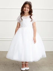 White Flower Girl Dresses Tulle Flory Appliques With Bow Ribbon Short Sleeve For Wedding Birthday First Communion Gowns