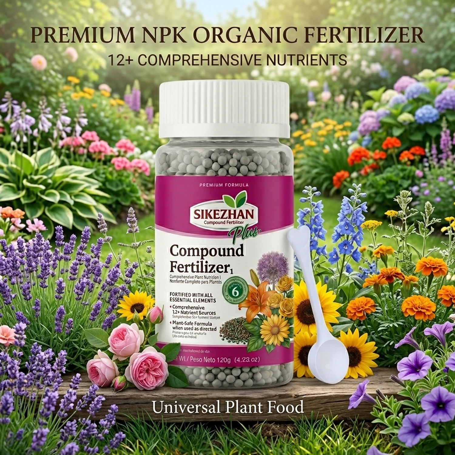 Fertilizante NPK Premium Multiusos, Nutrientes Orgánicos para el Crecimiento de Plantas con Cuchara Dosificadora para Jardín, Vegetales, Árboles Frutales y Flores