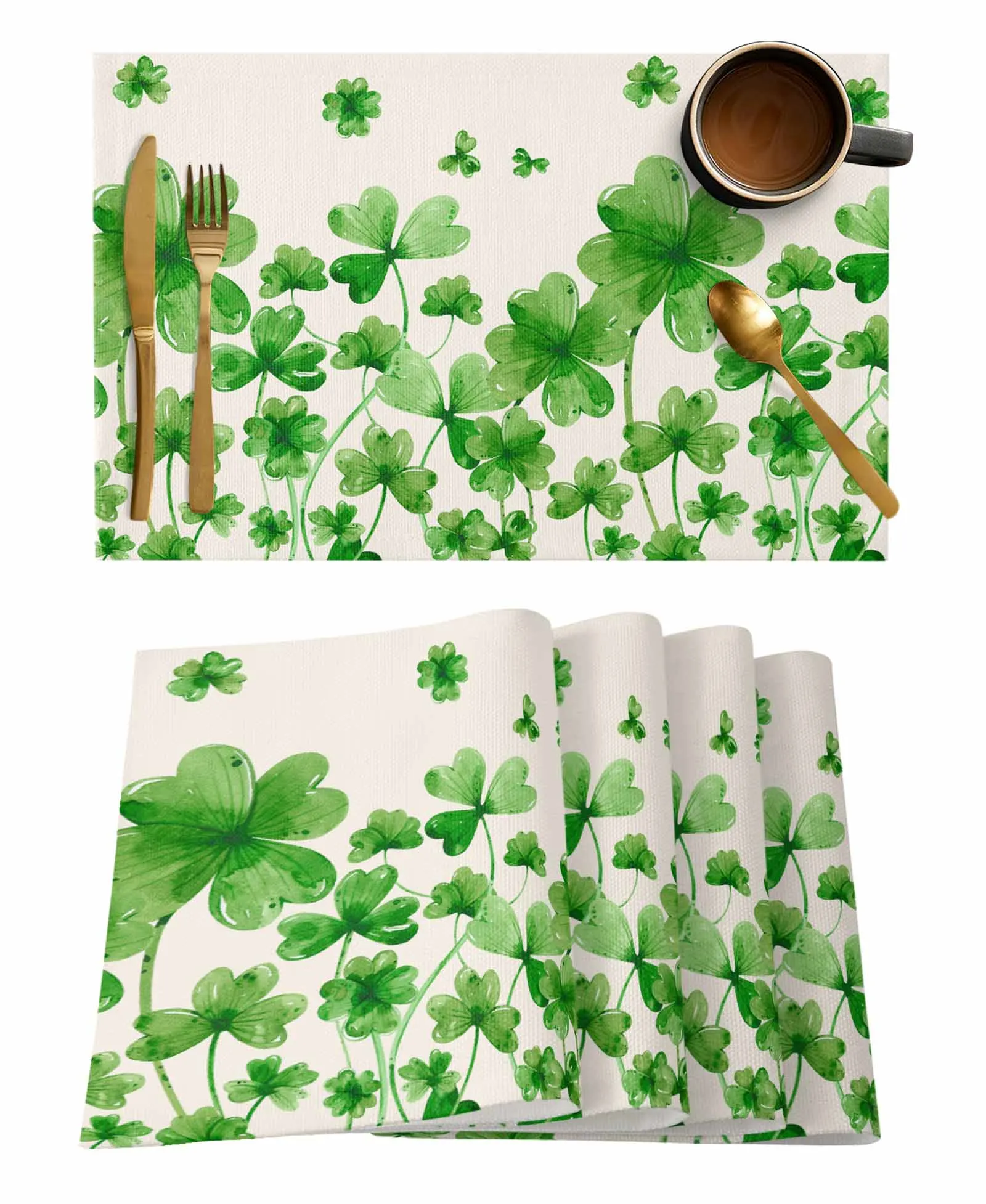 St. Patrick'S Day Clover Plants Table Runner For Kitchen Table Cover Home Decor Tablecloth 4/6 Pcs Placemats