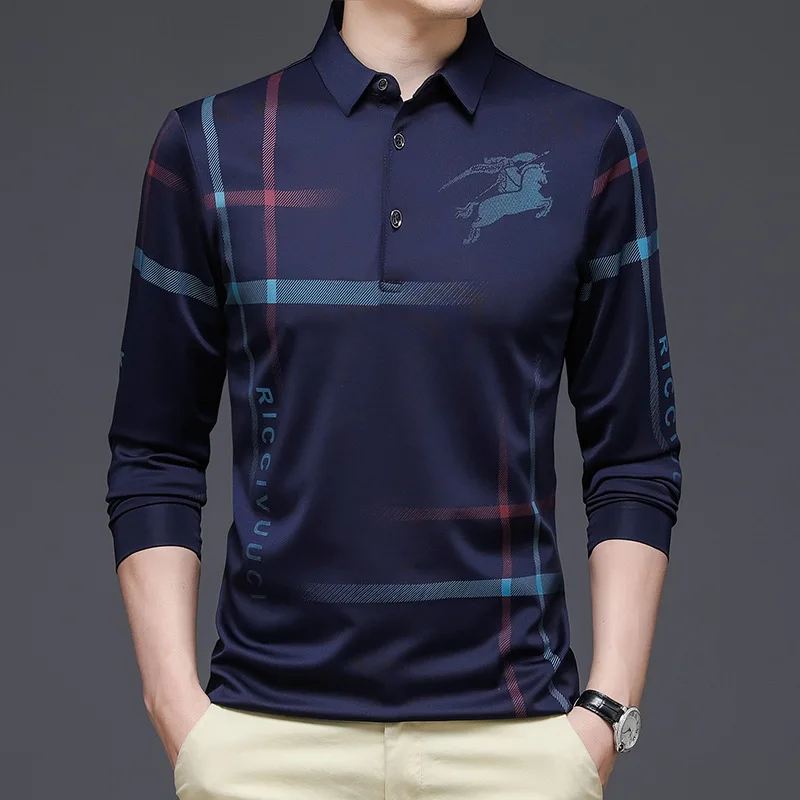 2023 New Style Men\'s Long Sleeved T-shirt Lapel Business Casual Long Sleeved Polo Shirt