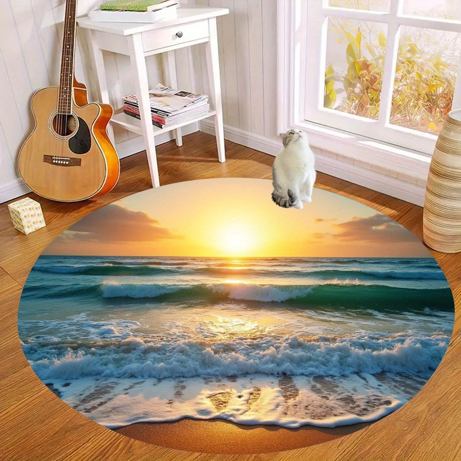 Tapis rond en flanelle Ocean Sunset Beach, décoration relaxante pour le salon, tapis de sol pour la plage, tapis de chambre à coucher, antidérapant, doux au toucher