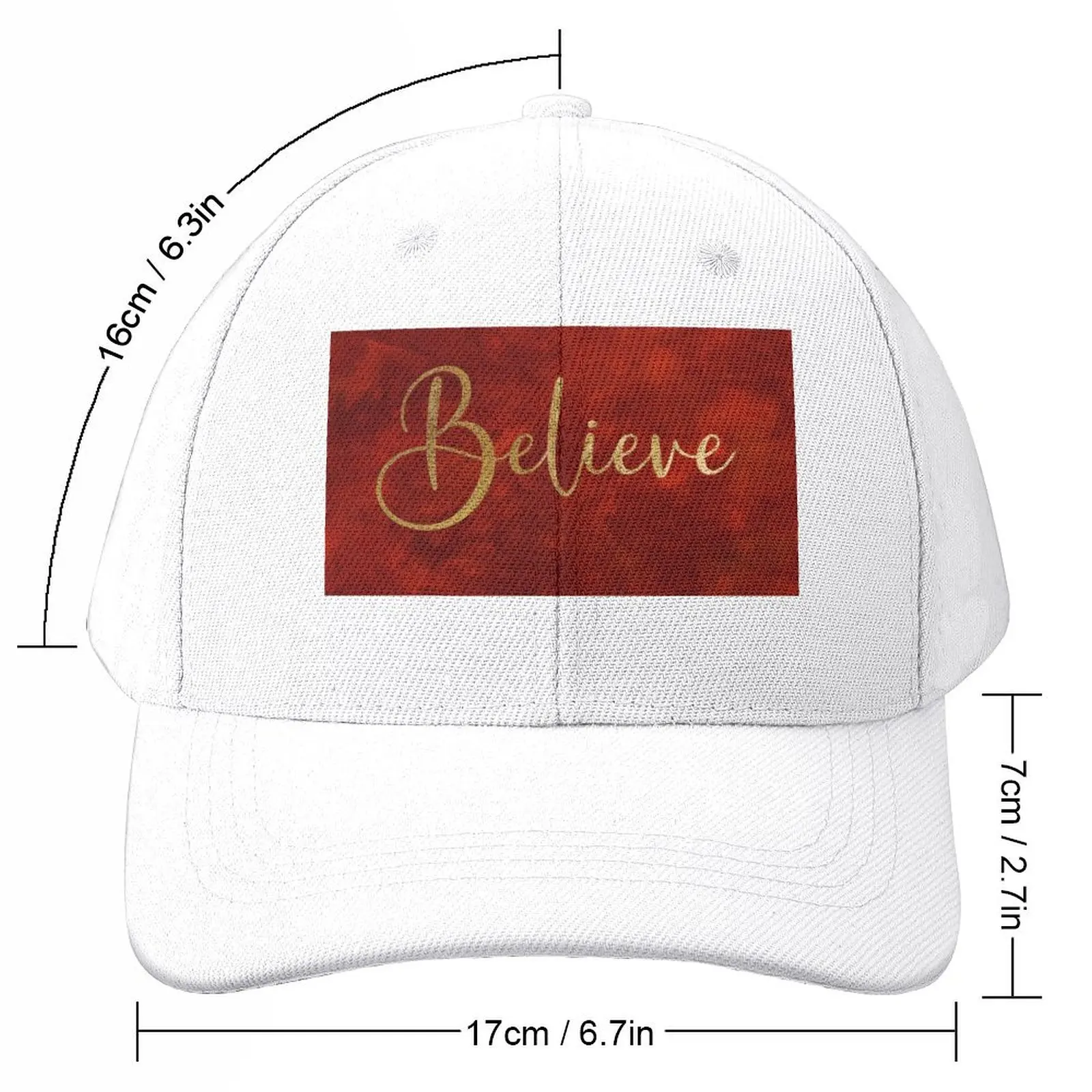 Believe Word Art in Gold Color Script Typography on red burgundy background Baseball Cap Designer Hat Golf Cap Women's Men's