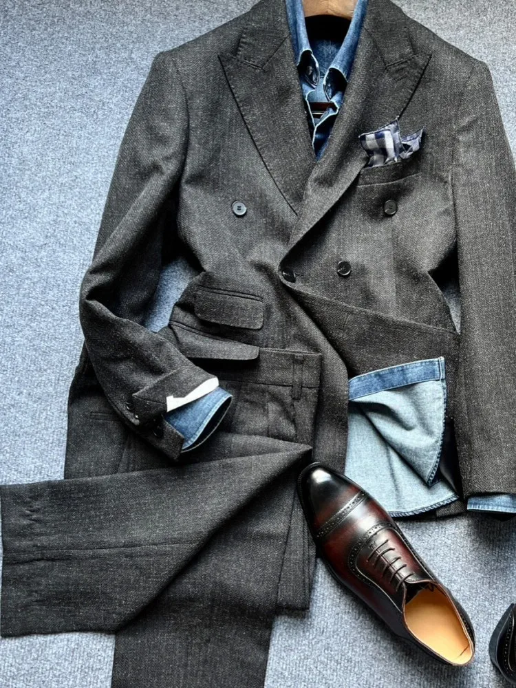 Business Men Double-Breasted Suits Solid Color Pockets Two Piece Set Leisure Male Long Sleeves Blazer Straight Pants Outfits