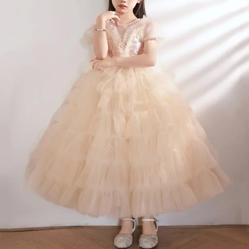 Vestido de fiesta de cumpleaños de manga abullonada con lentejuelas de temperamento, cuello redondo, malla escalonada, Vestidos de princesa, Vestidos de flores para niñas