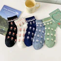 5 Pair Kawaii Flower Print Socks For Women Spring Summer Low Tube Edge Curl Lady Short Cute Socks Designer Brand Sokken Vrouwen