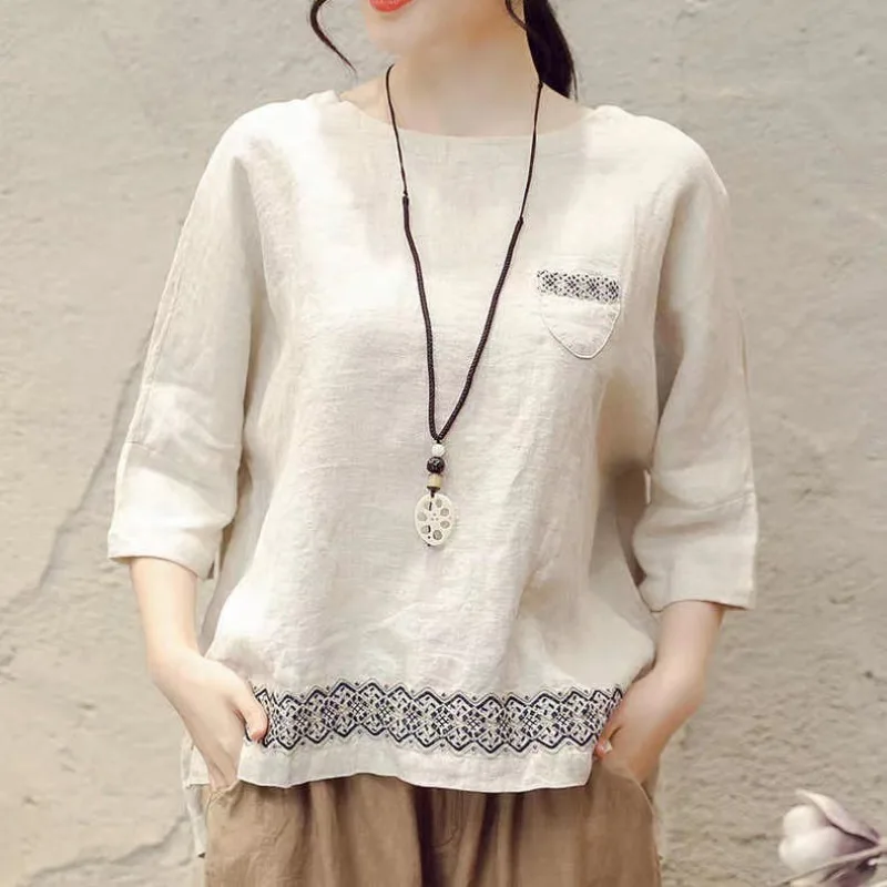 2023 Summer New Women's Clothing Retro Cotton Hemp Short Sleeve Round Neck T-shirt Large Loose Cover Fleece Pullover Bottom Tops