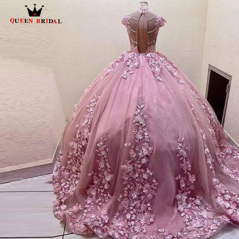 Requintado vestido rosa Quinceanera, apliques florais 3D, vestido de baile, personalizado, LJ36, 15 anos, 2023