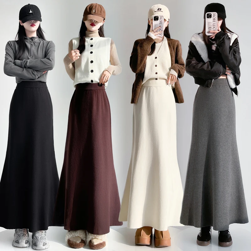 가을 겨울 니트 피테일 미디 스커트 다용도 슬림 여성 패션 캐주얼 슬레 스탠드 핏 A라인 스커트
