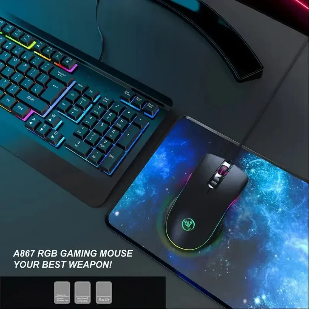 A867 RGB Gaming Mouse Wired Gamer 7 Button 6400DPI RGB Light Optical USB Computer Game Mice with Fire Button for PC Laptop Gamer