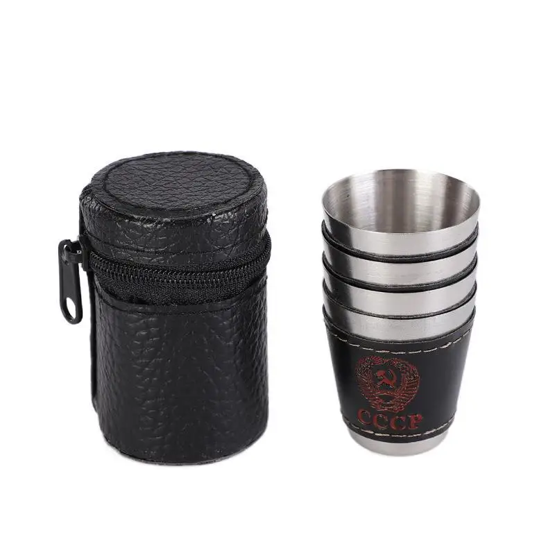 

4Pcs/lot 30ml Camping Cup Outdoor Tableware Travel Cups Water Mugs Stainless Steel Wine Beer Cup PU Leather Picnic Hiking Beach