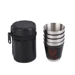 4Pcs/lot 30ml Camping Cup Outdoor Tableware Travel Cups Water Mugs Stainless Steel Wine Beer Cup PU Leather Picnic Hiking Beach
