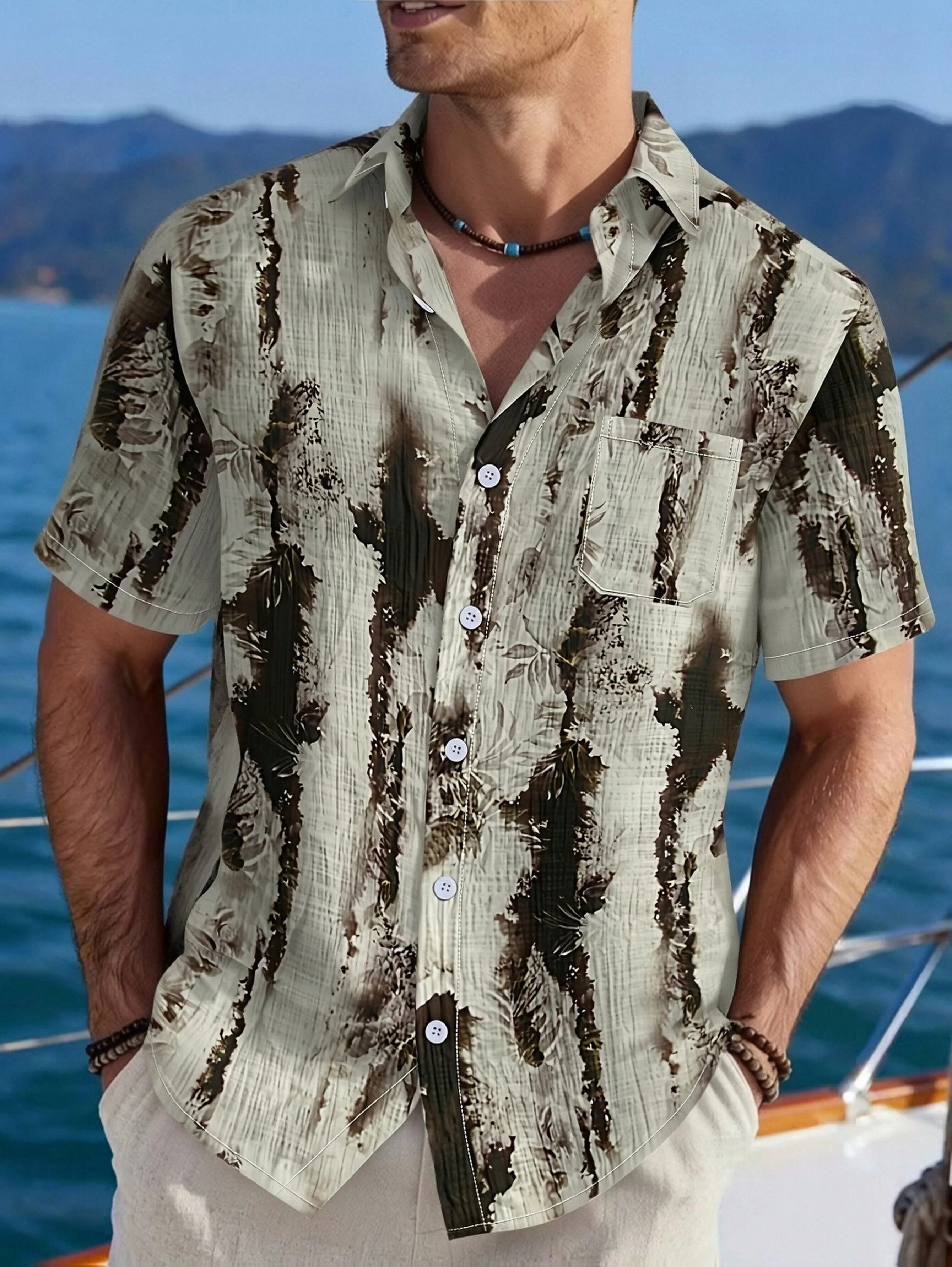 Summer Lightweight Tie-dye Short-sleeve Mens Shirt Outdoor Camo Tree Bark Texture Print Loose Vacation Lapel Tops Men Clothes