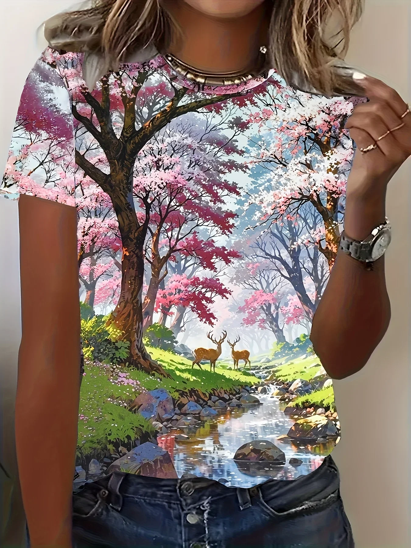 

25 Summer Women Plus Size Short Sleeved T-shirt Spring Forest Scenery Women Sports and Leisure T-shirt Quick Drying Breathable